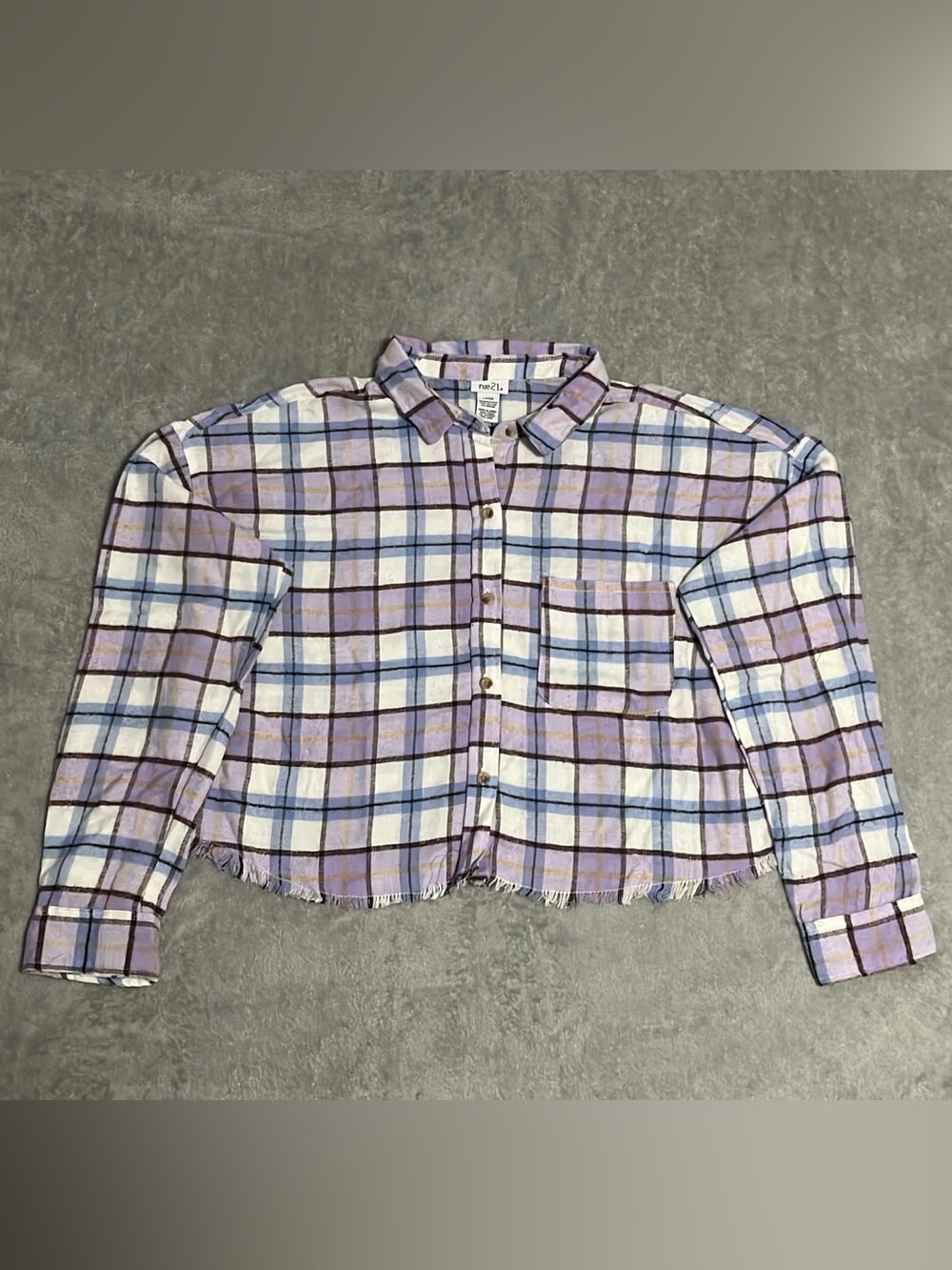 Rue21 Womens Large Purple Plaid Cropped Raw Hem Flannel Button Down Shirt Top